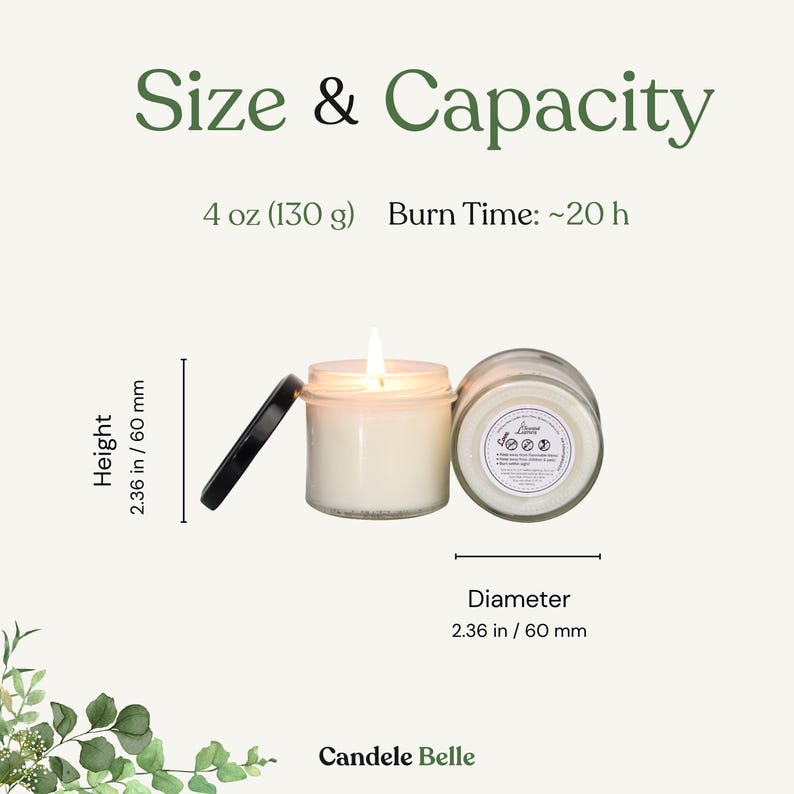 The image is a size and capacity chart for a candle, with dimensions and burn time provided.