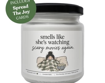 Smells Like She's Watching Scary Movies Again Scented Candle – Natural Hand-Poured 100% Soy Wax, Vegan, Non-Toxic Gift for Horror Lovers