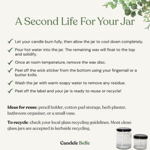 The image is a text-based collage that provides instructions on how to properly reuse or recycle the glass jars once the candle is fully burnt.