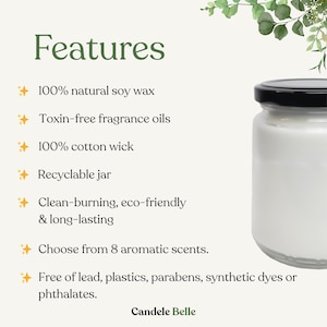 a jar of 100% natural soy wax, 100% cotton wick, along with a list of features such as a 100% recyclable jar, clean-burning, eco-friendly, and long-lasting.
