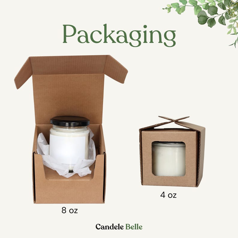 two different sizes of cardboard boxes, one larger and one smaller, both containing a candle. The larger box is labeled "8 OZ" and the smaller one is labeled "4 OZ". The text "Packaging" is displayed above the boxes