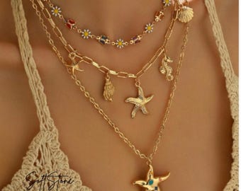 Collar Capas Dorado Estrella Mar Flor Charms Estilo Boho Mujer