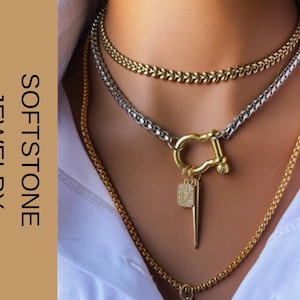 Collar Cadena Gruesa Dorado Plata Colgante Candado Collar Capas Mujer