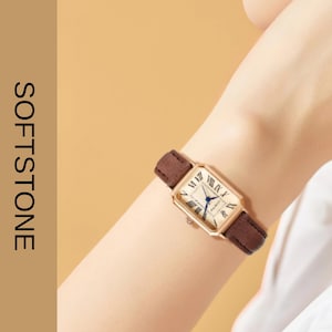 Reloj Mujer Oro Rectangular Correa Cuero Marron Vintage Elegante