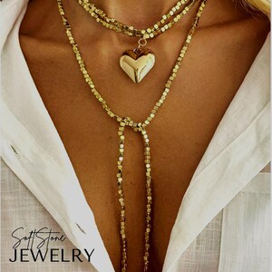 Gold Layered Heart Pendant Necklace Long Chain Minimalist Statement Jewelry