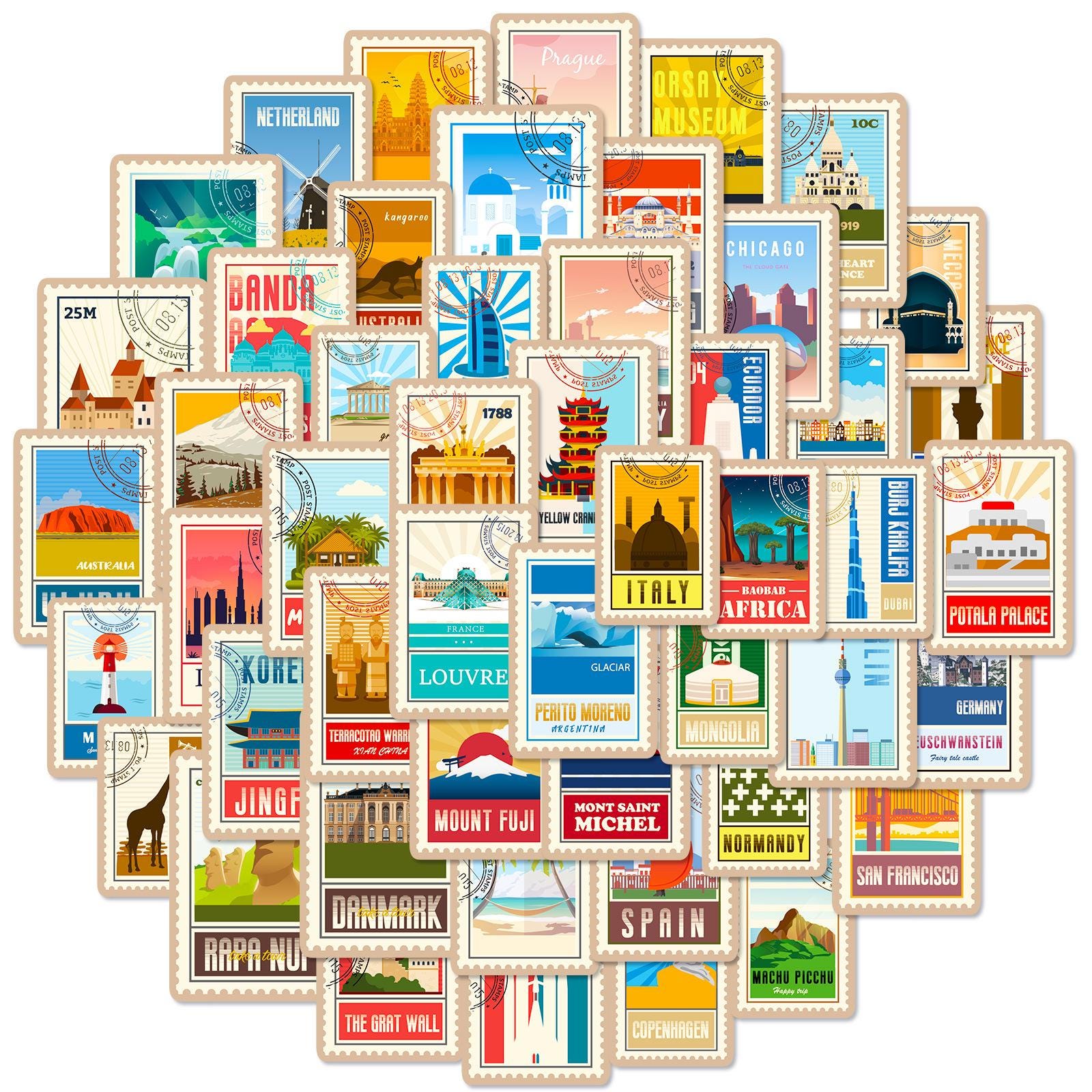50PCS Travel Stamp Stickers Pack, Vintage World Landmark Aesthetic ...