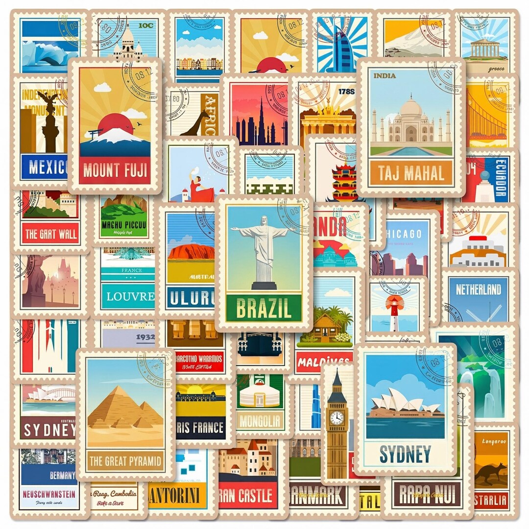 50PCS Travel Stamp Stickers Pack, Vintage World Landmark Aesthetic ...