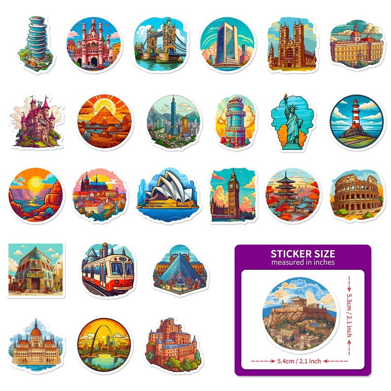 50PCS World Landmark Stickers Pack, Travel Aesthetic Cityscape Vinyl ...