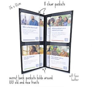 May include: A black soft faux leather tract holder measuring 26 x 12 cm. The open folder features 8 clear pockets displaying various illustrated cards with text. The design includes secret back pockets intended to hold around 100 old and new tracts.