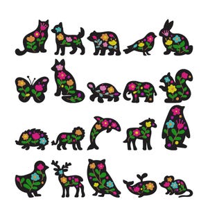 May include: A collection of black animal-shaped patches, including a cat, dog, bear, bird, and rabbit. Each patch is decorated with colorful floral designs in pink, yellow, and blue, with green leaves. The patches are ideal for crafting or embellishing.