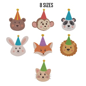Desenho de Bordado à Máquina para Festa de Aniversário com Cabeça de Animal e Boné - Coelho, Raposa, Leão e Urso - Arquivos de Bordado para Boné de Aniversário - 8 Tamanhos