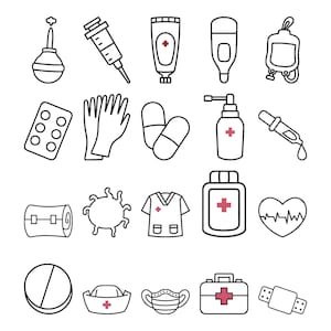 Puede incluir: Un conjunto de dibujos lineales en blanco y negro de artículos médicos. Incluye una jeringa, pastillas, guantes, un termómetro, un botiquín y un monitor de frecuencia cardíaca.