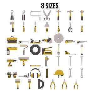 Puede incluir: Ilustración de diseño plano de diversas herramientas, como martillos, sierras y destornilladores. La imagen incluye el texto "8 SIZES". Las herramientas son en tonos de amarillo, gris y negro, adecuadas para proyectos de construcción o bricolaje.