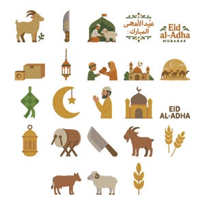 May include: A collection of illustrated icons related to Eid al-Adha, including a goat, knife, mosque, and text that reads "Eid al-Adha Mubarak". The illustrations are in a warm color palette of browns, yellows, and greens.