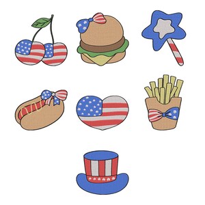 May include: Embroidered patriotic designs featuring American symbols. Includes cherries, a burger, a star wand, a hot dog, a heart, chips, and an Uncle Sam hat, all decorated with the American flag.
