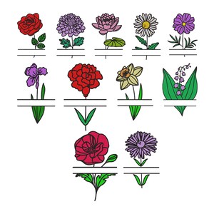 以下が含まれることがあります： 3列に配置された11種類のカラフルな花のイラスト集。それぞれの花には個別の茎と葉があり、パーソナライズ用に下部に水平な分割線フレームのデザインが施されており、すっきりとしたラインアートスタイルで描かれています。