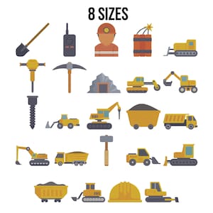 Diseños de bordado de vehículos de construcción en miniatura: excavadora, camión volquete, zanjadora, martillo neumático, bulldozer. Archivos de diseño de bordado a máquina: 8 tamaños.