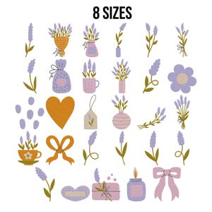 May include: A collection of lavender-themed illustrations in various designs. Includes bouquets, sprigs, vases, a heart, a bow, a tag, a soap bar, a candle, and a flower. The text "8 SIZES" is at the top. The color palette is soft, with shades of purple, yellow, and pink.