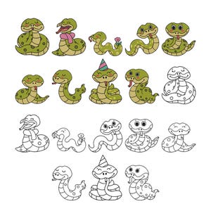 May include: A collection of cartoon snake illustrations featuring various poses, including snakes with scarves, party hats, and flowers. The set includes both full-color green snakes with spotted patterns and black and white line art versions.