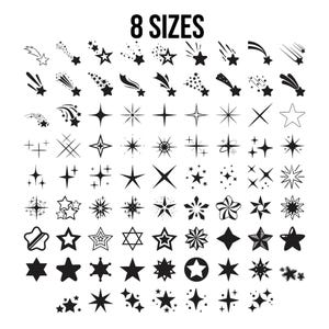 Op de afbeelding: Zwart-wit illustratie van verschillende sterontwerpen, waaronder vallende sterren en sterren met meerdere punten. De tekst "8 SIZES" staat bovenaan. De sterren zijn in verschillende vormen en maten.