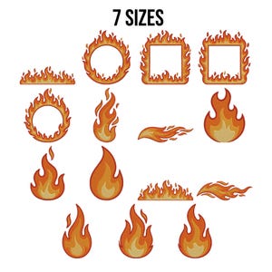 May include: A collection of embroidered flame designs in various shapes and sizes, including circular and square frames, individual flames, and flame borders. The text "7 SIZES" is at the top. The flames are in shades of orange and yellow.