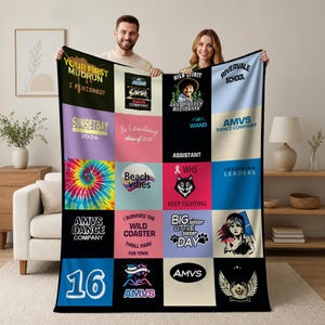 May include: A large rectangular throw blanket featuring a grid of twenty colorful squares with various graphic designs and text including Your First Mudrun, Sunsetbay 2026, Beach Vibes, AMVS Dance Company, I Survived The Wild Coaster, and Rivervale School.
