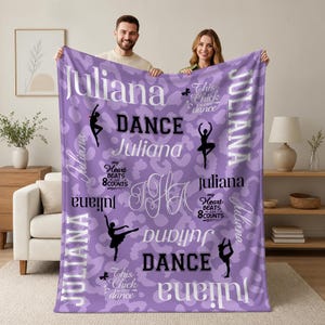 May include: A purple throw blanket with a repeating leopard print pattern, featuring the name Juliana in various fonts, black silhouettes of ballet dancers, and the text This Chick Loves to Dance and My Heart Beats in 8 Counts.