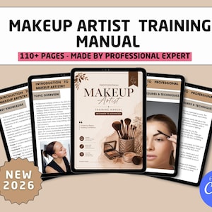 May include: A digital makeup artist training manual with 110+ pages, featuring a central cover page titled Professional Makeup Artist Training Manual Beginner to Advanced, surrounded by four open pages displaying text, diagrams, and photos.