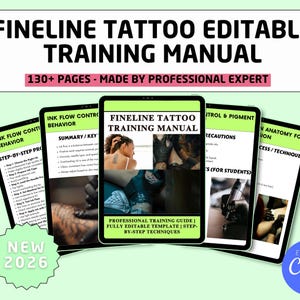 May include: A digital training manual for fineline tattoos, displayed on several tablets. The title reads "FINELINE TATTOO EDITABLE TRAINING MANUAL" with the text "130+ PAGES - MADE BY PROFESSIONAL EXPERT". The image includes step-by-step guides and anatomy information.