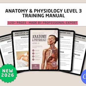 Op de afbeelding: Anatomy & Physiology Level 3 trainingshandleiding met 120+ pagina's. De omslag toont een anatomische illustratie van het menselijk lichaam met interne organen en systemen. Verschillende binnenpagina's zijn zichtbaar met tekst over directionele termen en lichaamssystemen, inclusief een groen ster-icoon met het label NEW 2026.