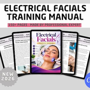 May include: An Electrical Facials Training Manual with 150+ pages, featuring a central tablet display showing a person receiving a facial treatment with blue light probes, surrounded by four additional tablet screens displaying technical text content.