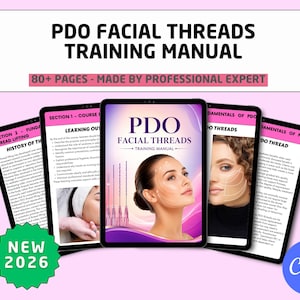May include: A PDO Facial Threads Training Manual with 80+ pages, featuring a central tablet display showing a guide cover with facial diagrams, surrounded by four additional tablet screens displaying course content, learning outcomes, and text.