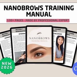 May include: A digital Nanobrows Training Manual displayed on multiple tablet screens. The cover features a close-up of an eye with groomed eyebrows and the text Nanobrows Training Manual. Includes a green starburst badge labelled New 2026.