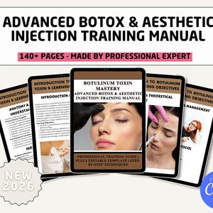 May include: A training manual titled "Advanced Botox & Aesthetic Injection Training Manual" with the text "140+ Pages - Made by Professional Expert." The manual is displayed on several tablets, with the year "2026" and the Canva logo visible.