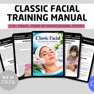 Può includere: Un manuale di formazione per trattamenti viso classici visualizzato su diversi schermi di tablet. Lo schermo centrale mostra una persona che riceve un trattamento viso. Il testo include titoli come Anatomia della pelle.
