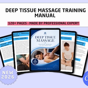 Op de afbeelding: Een digitaal trainingshandboek voor deep tissue massage met 120+ pagina's, met een centrale voorpagina die een massagedemonstratie toont, omringd door vier binnenpagina's met tekst en afbeeldingen, gelabeld New 2026 en Editable Canva.