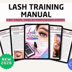 Può includere: Un manuale di formazione per ciglia digitale visualizzato su diversi schermi di tablet. La copertina riporta il testo Lash Training Manual, Classic, Hybrid, Volume e New 2026. Le pagine mostrano le basi professionali e gli standard del settore.