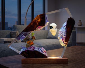 Lámpara de resina Robot Love – Luz nocturna de epoxi hecha a mano, decoración de ciencia ficción, regalo personalizado para ella y para él.