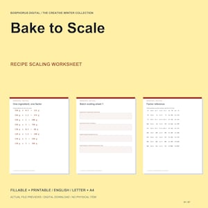 Receptskalningsarbetsblad ifyllbara PDF-format, åtta batchposter med exempel på bearbetade multiplikationer