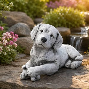 May include: A gray stone sculpture of a puppy lying down with its head tilted to the side. The puppy has floppy ears, a dark nose, and a textured surface that mimics the appearance of weathered stone, resting in a resting position.