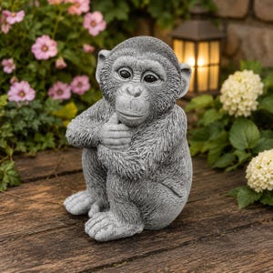 May include: A gray stone-effect garden statue of a seated chimpanzee with textured fur detail. The chimpanzee is depicted in a contemplative pose with one hand raised to its chin, featuring large dark eyes and a realistic facial expression.