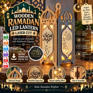 Könnte beinhalten: Eine lasergeschnittene Ramadan-LED-Laterne aus Holz mit komplexer arabischer Kalligrafie und sternförmigen Ausschnitten. Die Laterne strahlt ein warmes Licht aus und enthält digitale Dateiformate wie CDR, DXF, PNG, SVG, EPS und PDF.