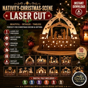 May include: A laser-cut wooden nativity scene featuring a central arch with a star, figures of people and animals, and star-shaped cutouts. The image displays text including NATIVITY-CHRISTMAS-SCENE, LASER CUT, and INSTANT DOWNLOAD, along with ten smaller scene variations and file format icons.
