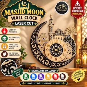 May include: A laser-cut wooden wall clock featuring a crescent moon, a mosque silhouette with a minaret and dome, and a central clock face with Arabic numerals. The design includes intricate geometric patterns and gold-colored clock hands.