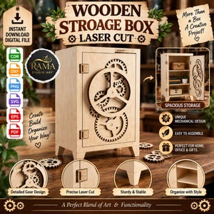 Puede incluir: Una caja de almacenamiento de madera clara con un diseño de engranajes mecánicos cortados con láser en la puerta frontal. La caja incluye un gran mecanismo de engranajes circulares, una puerta con bisagras y cuatro patas resistentes. Archivos CDR, DXF, PNG, SVG, EPS y PDF.