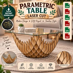 May include: A parametric table with a light wood base featuring interlocking laser-cut panels and a square glass top. The image includes text labels such as Parametric Table Laser Cut, file format icons, and circular insets showing the table structure.