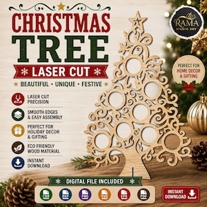 May include: A laser-cut wooden Christmas tree display with circular photo frames and intricate scrollwork patterns. The text reads CHRISTMAS TREE LASER CUT, RAMA STUDIO ART, and lists file formats including CDR, DXF, PNG, SVG, EPS, and PDF.