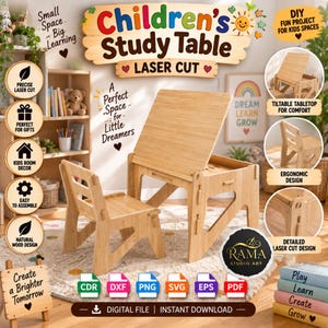 May include: A light-colored wooden children's study table and chair set featuring a laser-cut design with a tiltable tabletop. The set includes a matching chair with a slatted backrest and a desk with a flat surface, presented as a digital file.