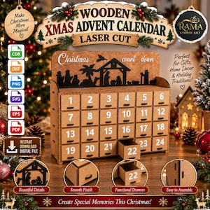 May include: A wooden Christmas advent calendar featuring twenty-four numbered drawers and a laser-cut nativity scene silhouette at the top. The text reads Christmas count down. The unit includes small black handles on each drawer front.