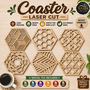 Può includere: Sei sottobicchieri esagonali in legno con intricati motivi geometrici tagliati al laser. L'immagine include testo come Coaster Laser Cut, Instant Download e Digital File Included, insieme a icone per formati di file come CDR, DXF, PNG, SVG, EPS e PDF.